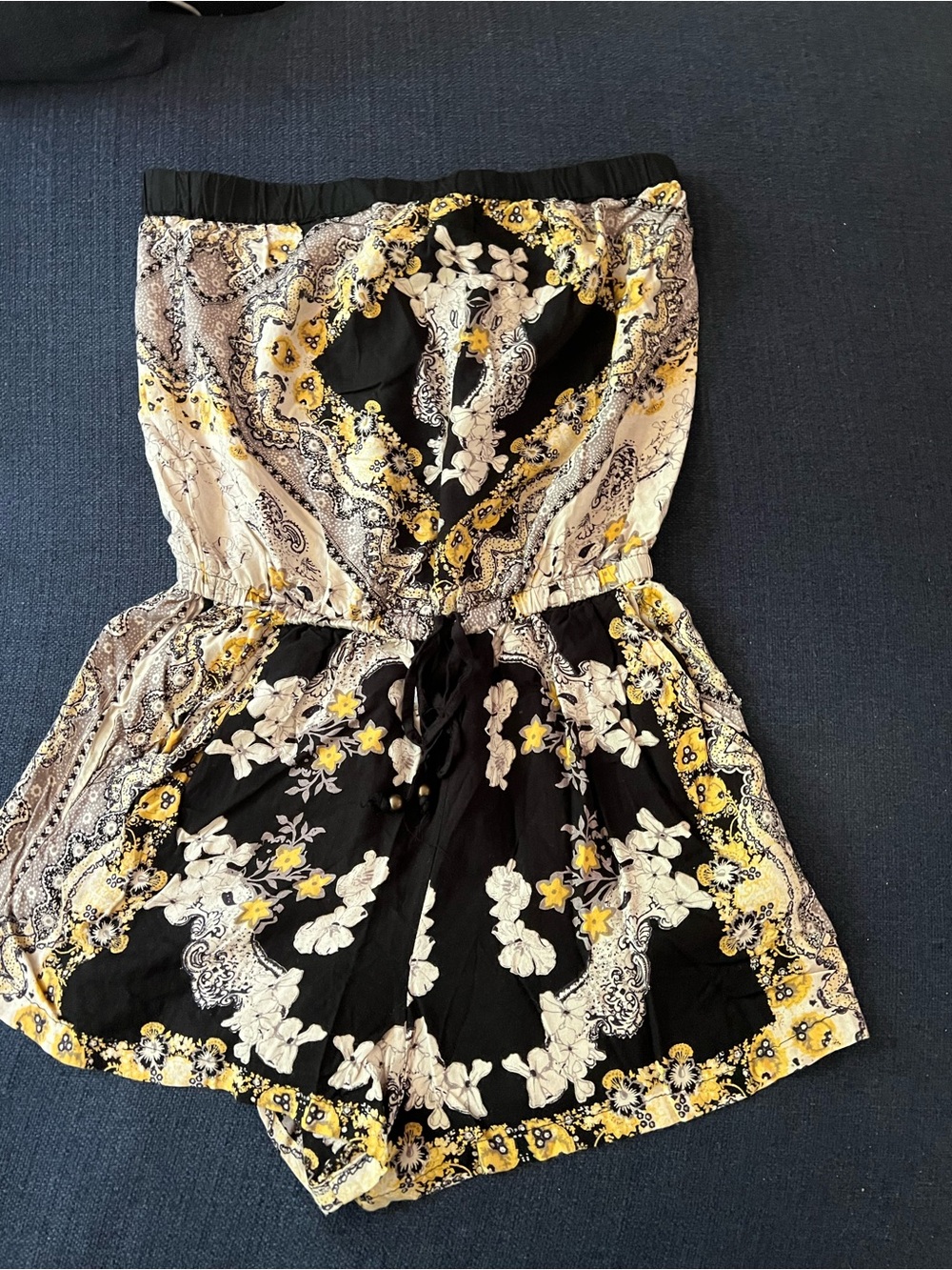 Angie Black Strapless Romper with Yellow Floral Bandana Print